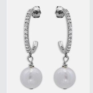 AQUA Womens Sterling Silver Cultured Freshwater Pearl Pave Crystal Hoop Earrings